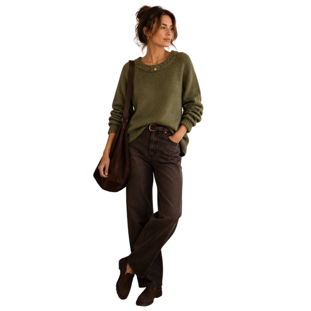 Moss Green Chunky Cable Knit Braided Neck Sweater Easel Size M
